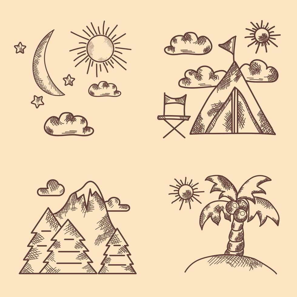 Hand drawn icon set. Vintage. Types of recreation, nature, palm tree, mountain. Collection of vector pictures. Hand drawing, line and shading