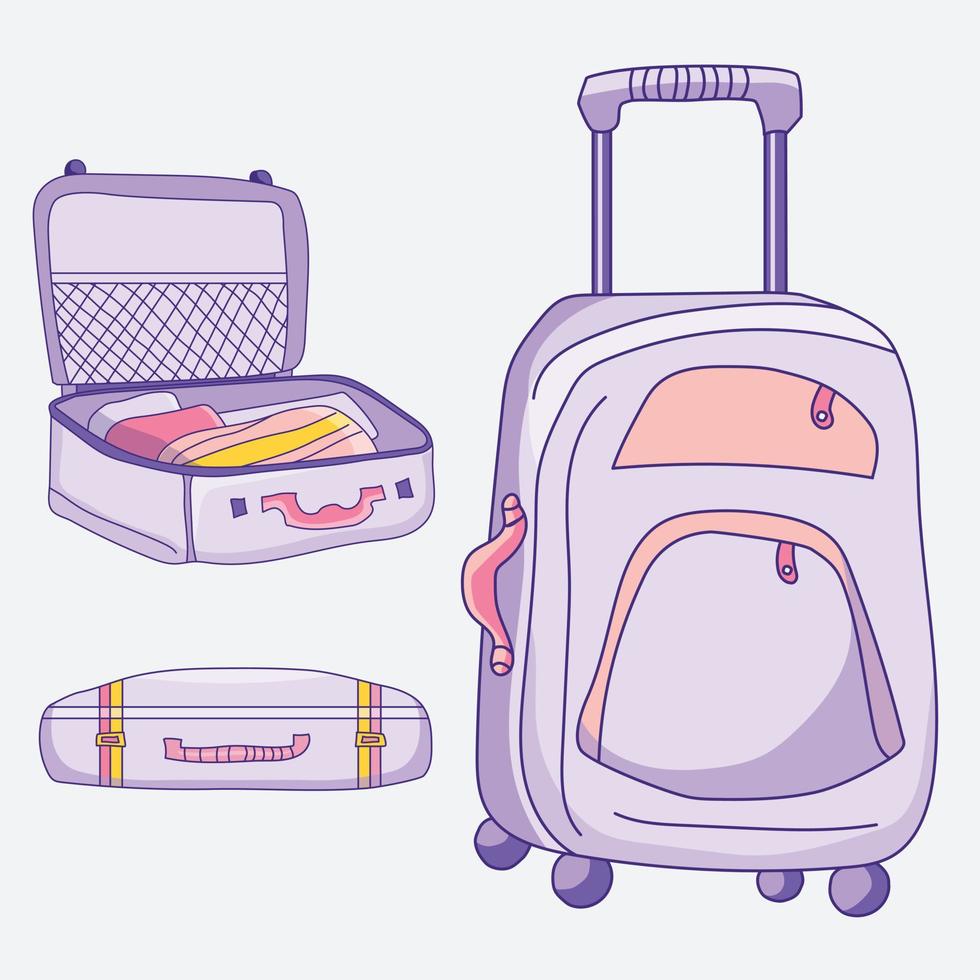 Vector picture of luggage. Different positions of suitcase - open, closed, lies with things, stands, on wheels of purple-pink color