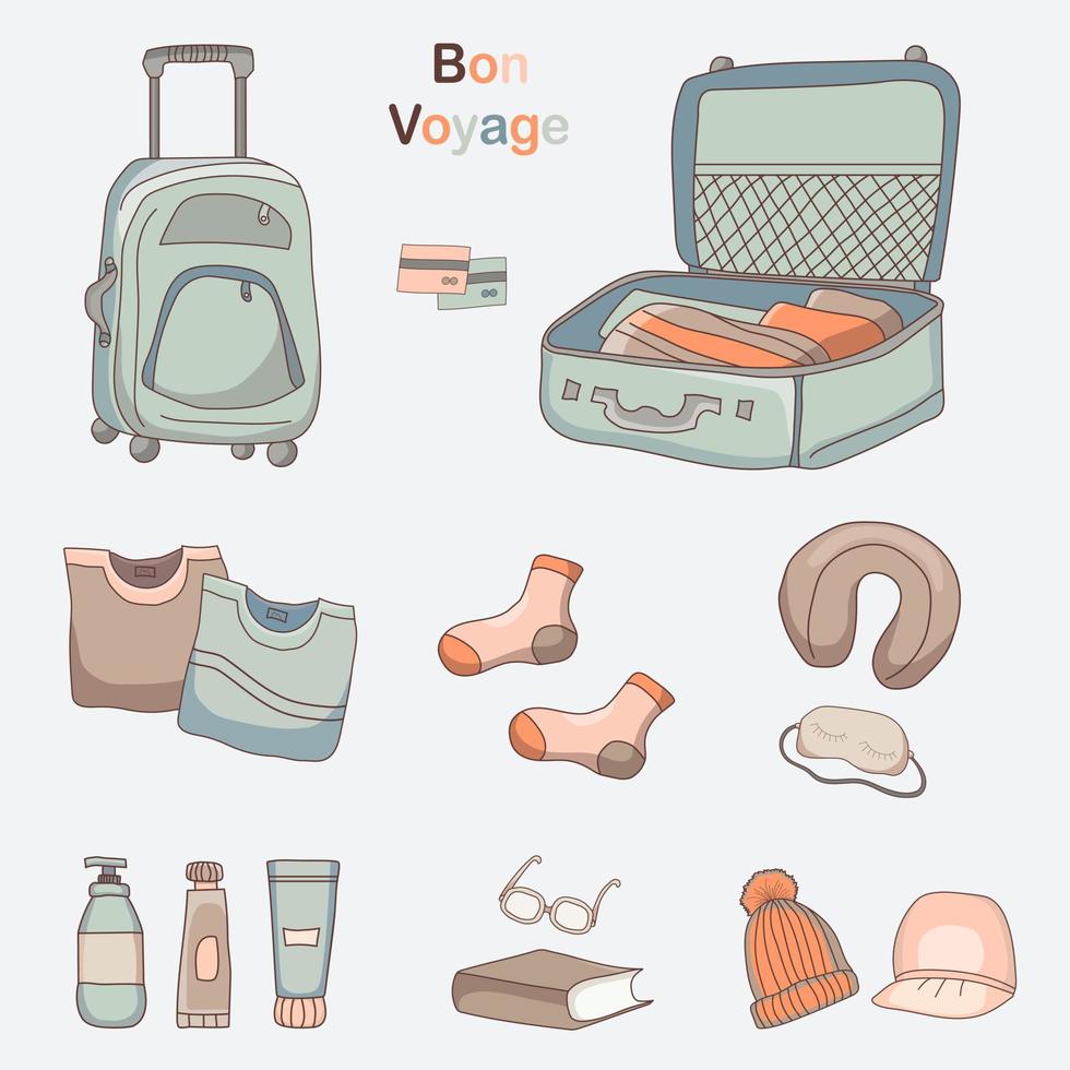 Set of vector drawings of luggage clothes and things for travel and vacation