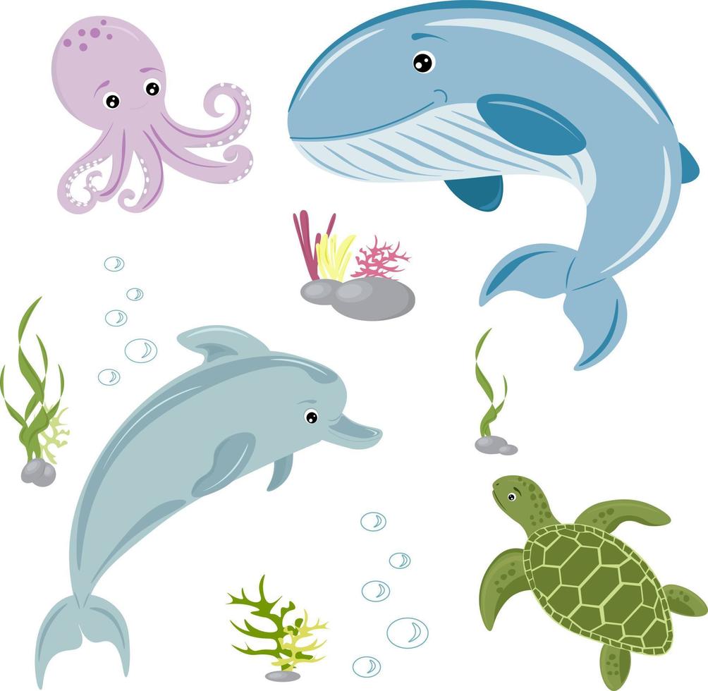 set of different marine inhabitants vector