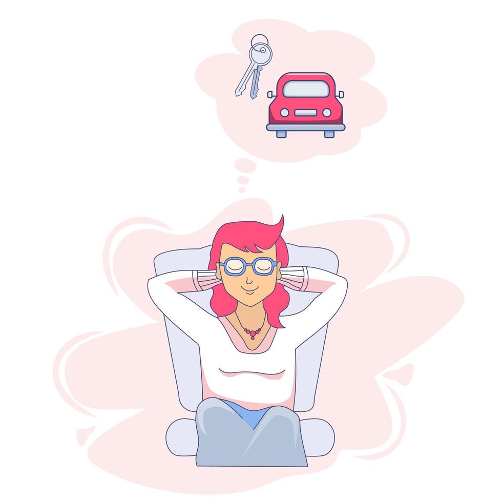 Vector drawing of sitting and dreaming girl with closed eyes. Above her is cloud with her desires - bunch of keys and pink car.