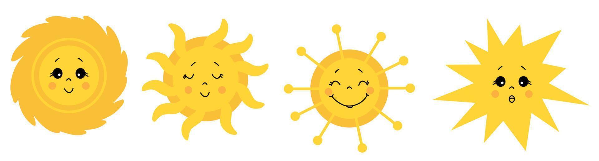 lindo sol conjunto de iconos vectoriales. dibujos dibujados del sol con diferentes caras y emociones. ojos cerrados y abiertos. ilustración vectorial vector