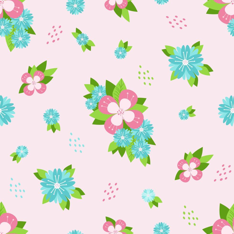 Seamless pattern. Multicolored flowers and leaves on a light pink background. Vector illustration. Botanical blooming pattern For decor, design, wallpaper, textile and print, Packaging, textile