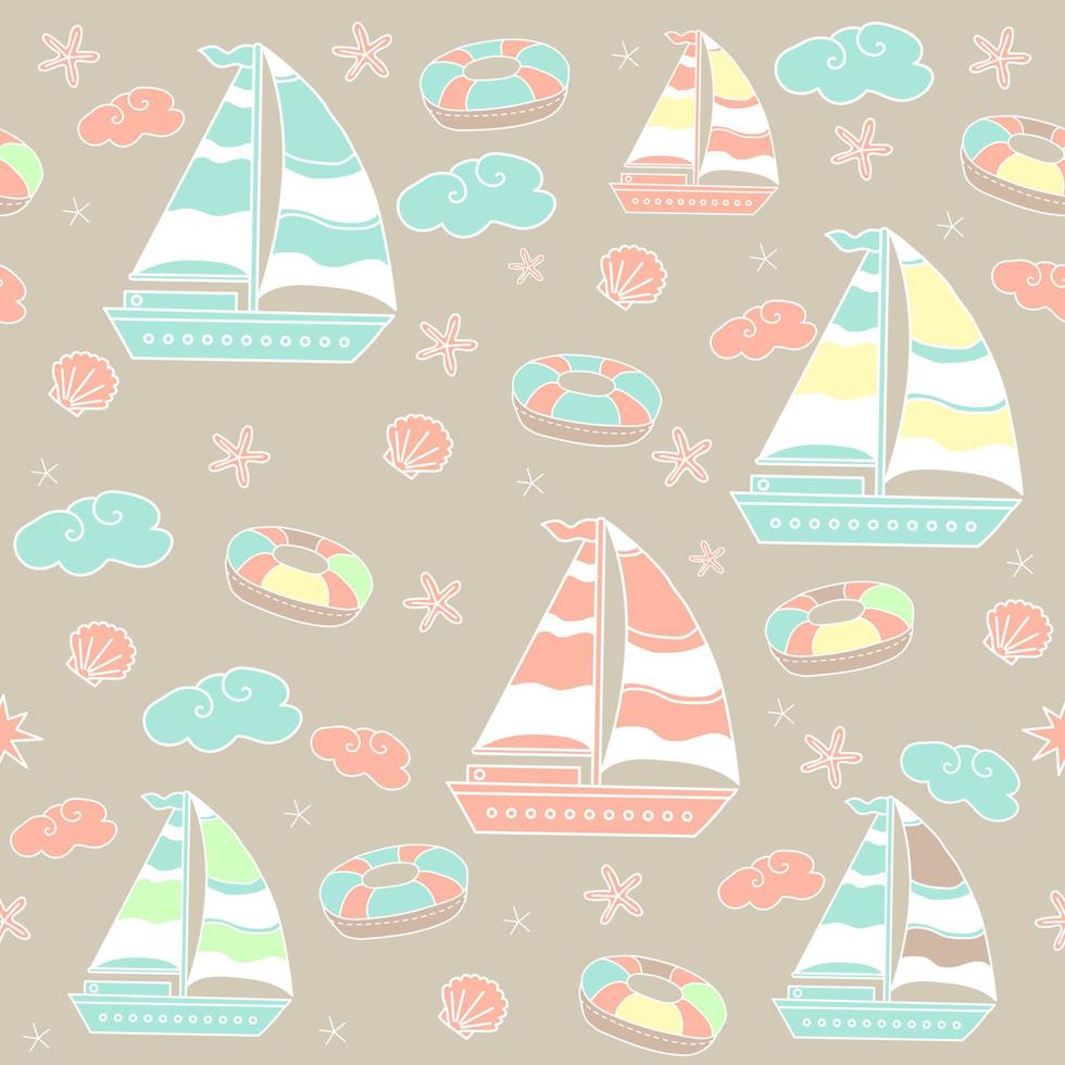 Seamless pattern. Marine theme with ships and clouds on a colored background. Packaging, design, design and printing. Vector seamless pattern. For birthday, anniversary.