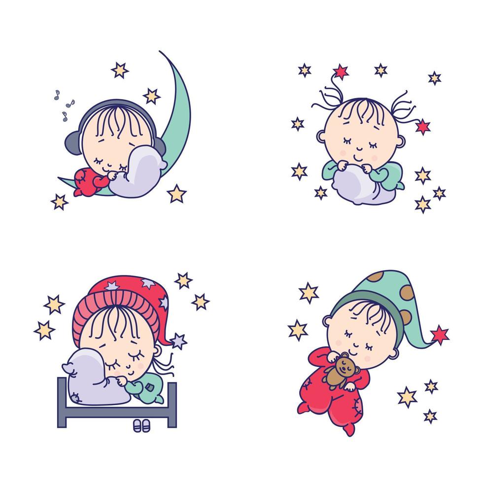 Sweet dream collection. Cute sleeping babies on pillow, bed, with teddy bear and on moon. Vector illustration. Cute baby collection