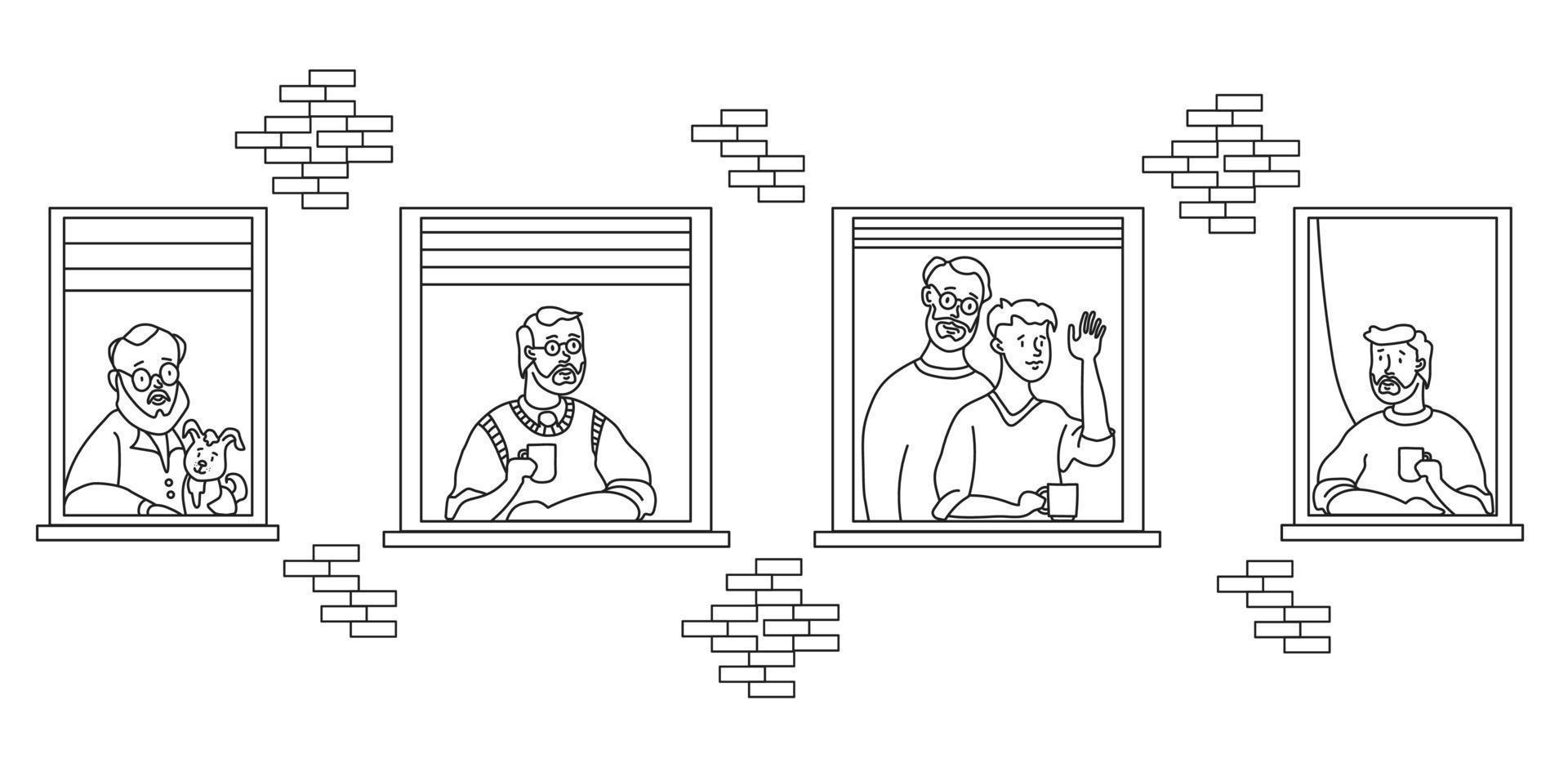 elderly couple looking for house. windows with people neighbors. men are old and young. Family - he and he, with a dog, with a cup, with a beard, waved his hand. Self-isolation, quarantine vector