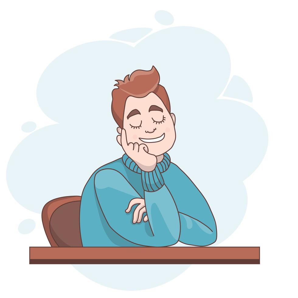 Vector illustration. man sitting at table closed his eyes, rests and dreams
