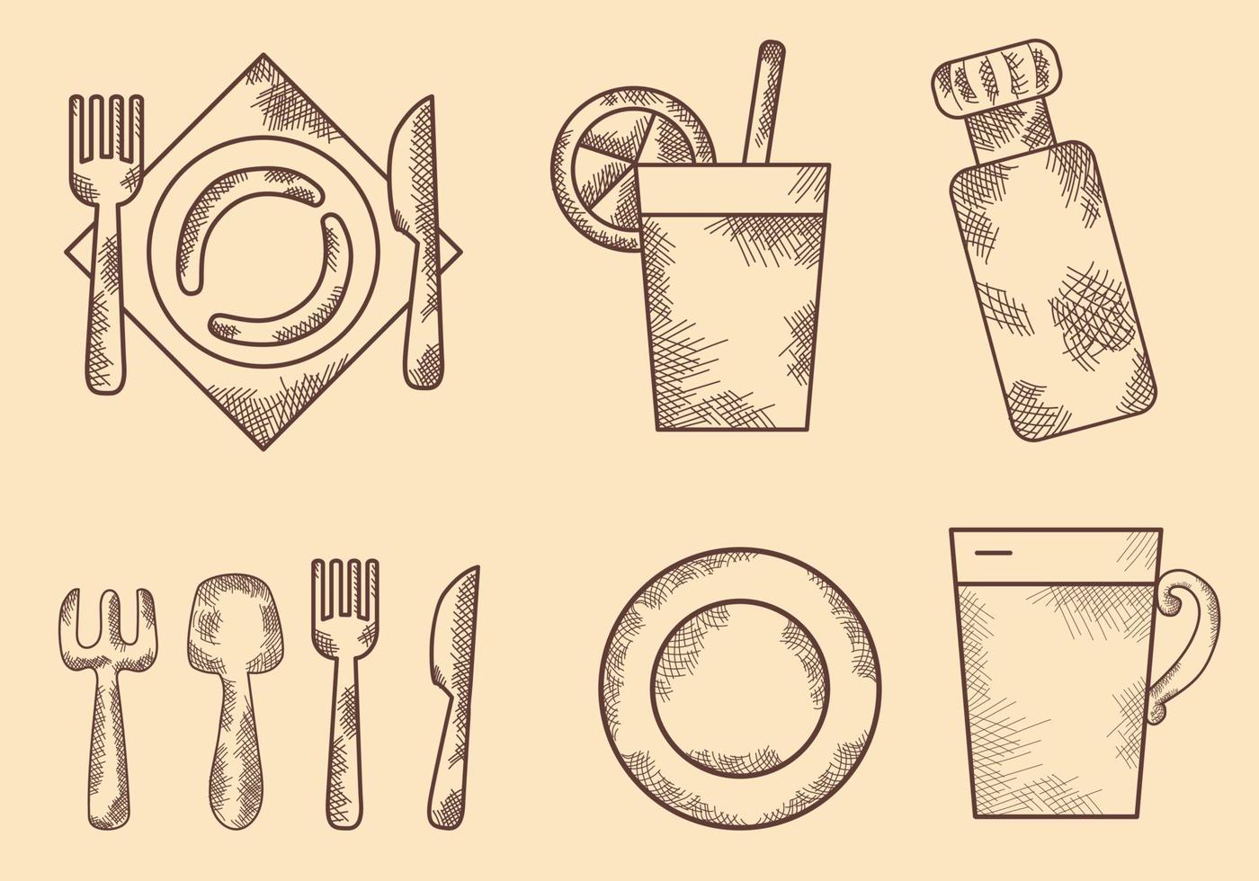 Hand drawn set of doodles icons. Vintage. Dishes, objects, appliances. vector