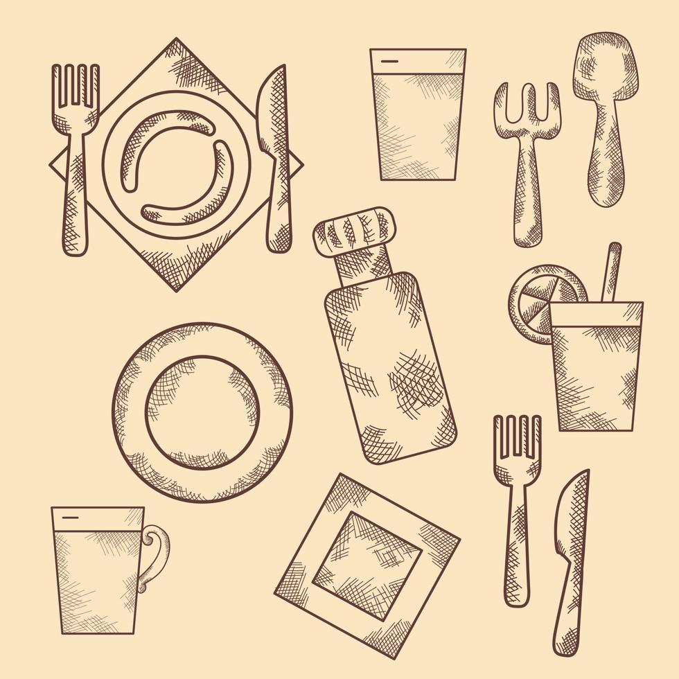 Hand drawn set of doodles icons. Vintage. Dishes, objects, appliances. vector