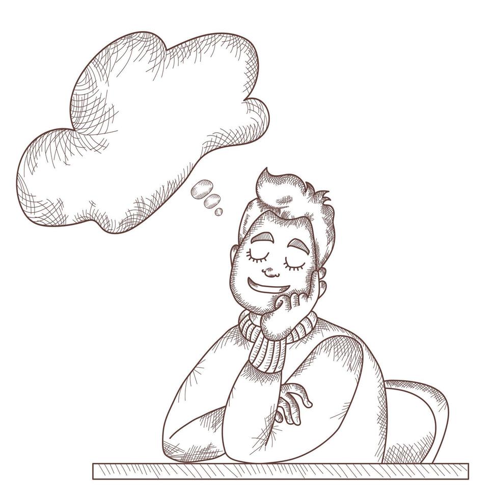 Vector illustration line and strokes. man sitting at table is resting, closed his eyes and dreams of cloud above him for text.