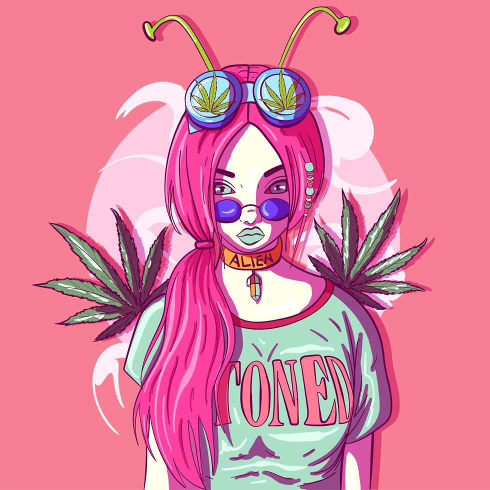 Pale girl with marijuana leaves and alien antennae. Stoner and psychedelic conceptual art with cannabis leaves and a high woman. Portrait of a millennial with round hippie eyeglasses. vector