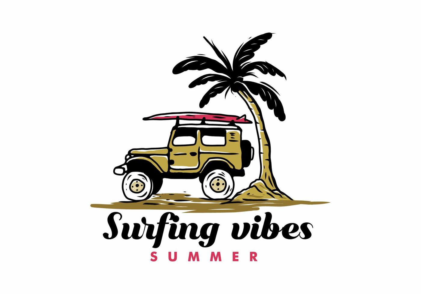 Illustration drawing of off road car with surfing board on the beach vector
