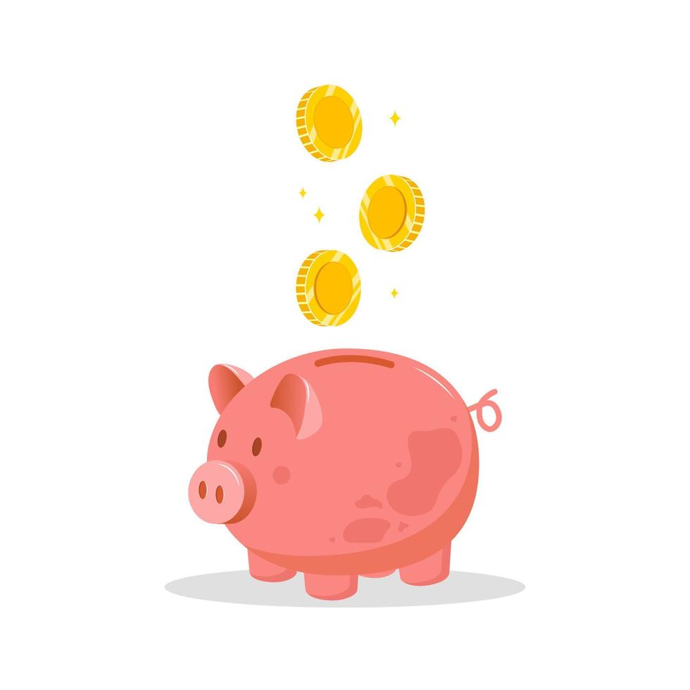 Piggy bank with falling coins. Save money concept. Investments in future. Financial symbol. Banking or business services. Vector illustration in flat cartoon style