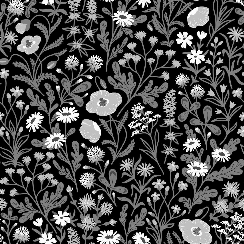 Fondo transparente de vector blanco y negro con una variedad de flores silvestres