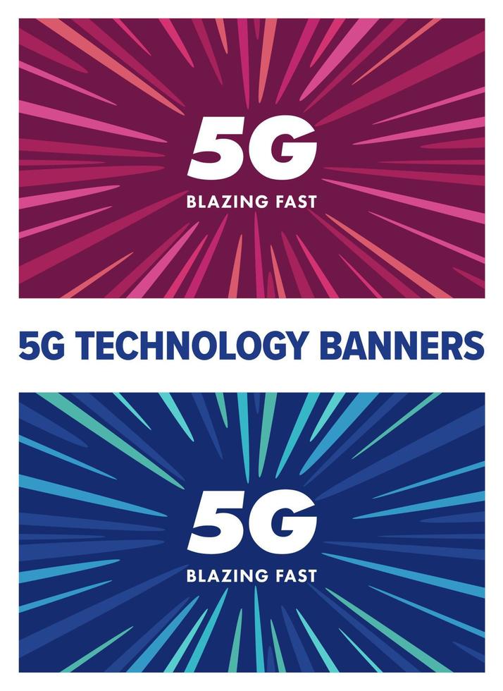 Banners de tecnología ultrarrápida de 5g. modernas redes móviles de alta velocidad de quinta generación, diseño vectorial, para anuncios, banners y web. Descargas rápidas de Internet en teléfonos móviles. vector