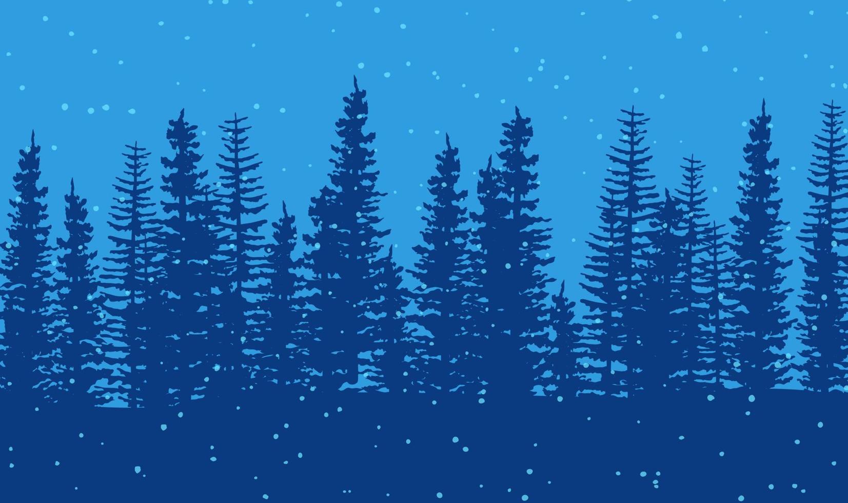 Snowfall over winter forest on blue background. Pine and spruce trees silhouettes. vector