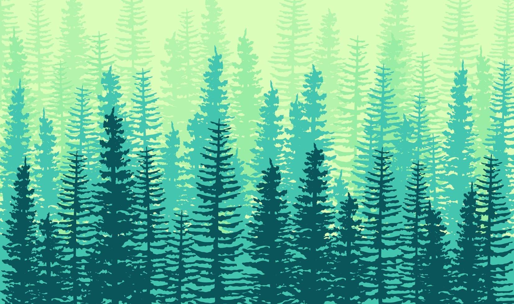 Green Mist Pine Tree Forest, Horizontal Seamless Flat Design in Shades of Green. Trees Silhouettes gradient background. vector