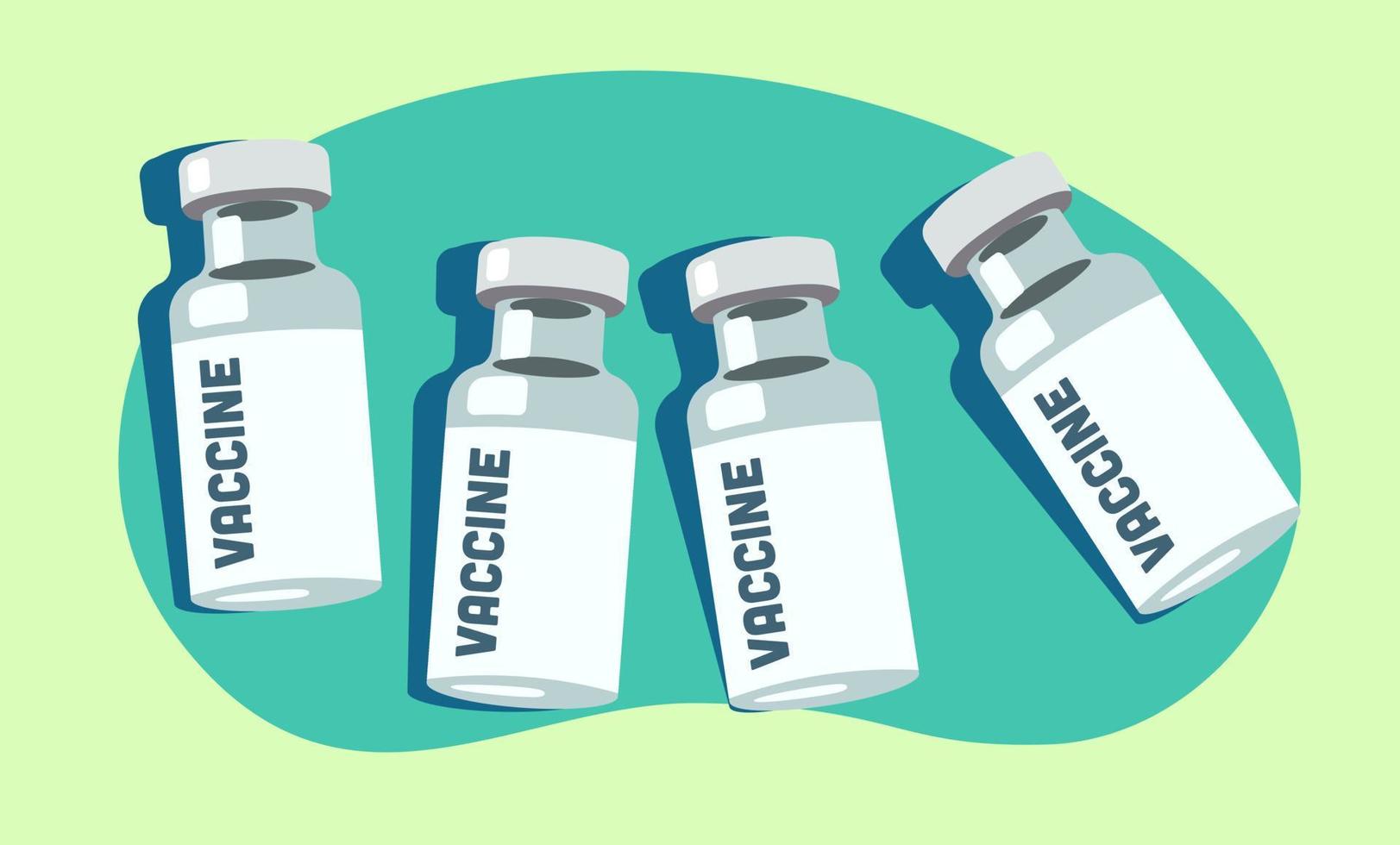Set of vaccine vials illustration. Vaccination concept. Medical ampules on green blob background. vector