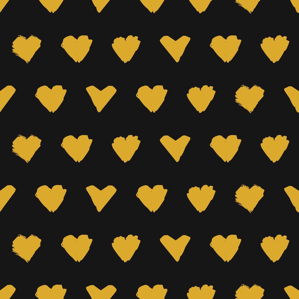 Corazones amarillos dibujados a mano, textura simple con fondo negro. múltiples iconos de corazón pintados ilustración vectorial. vector