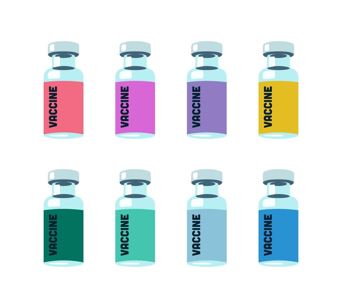 Set of vials with vaccine on white background. Color ampules with different label. Vector for vaccination, treatment, medical research illustration.