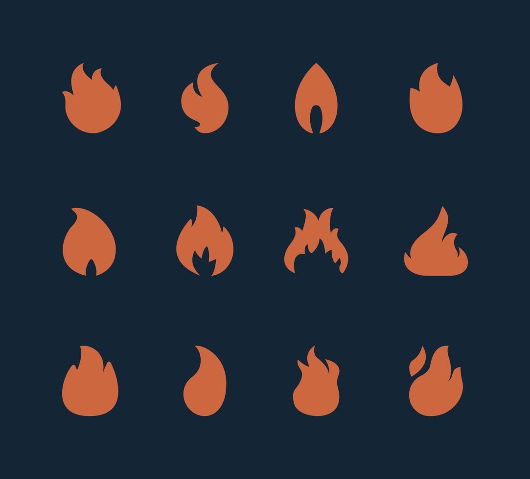 colección de iconos de fuego de impresión. conjunto de iconos de llamas de diseño plano. hoguera minimalista moderna, ilustración de fuego. vector