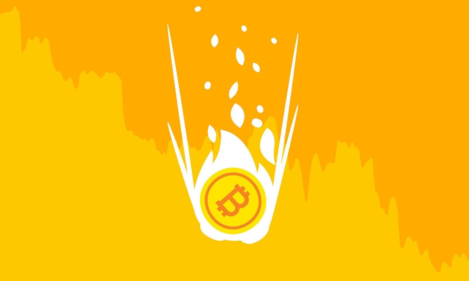 Vector, Bitcoin price fall down, huge damage and loss. BTC price collapse, crypto bubble crash, cryptocurrency falling down vector