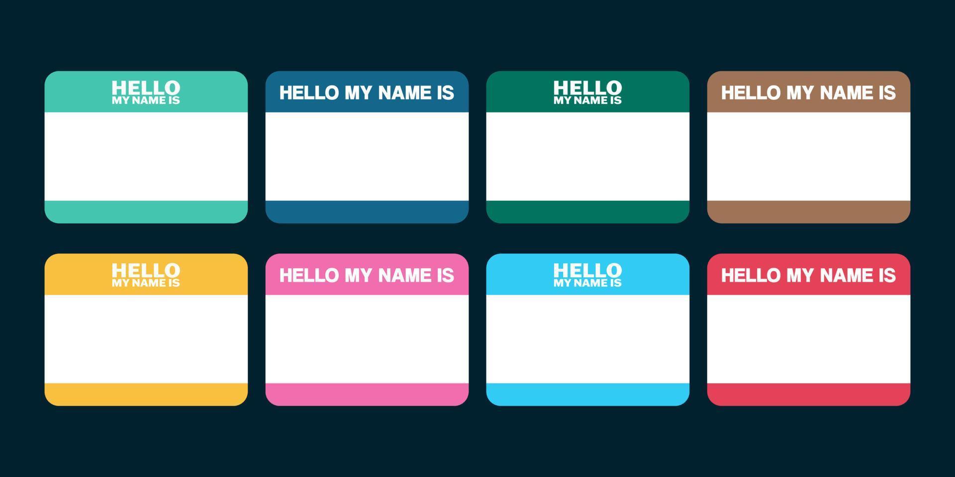 Hello My Name Is Nametag Template. Set of Name Introduction Badge Signs, Hi My Name, in different colors. Vector Editable Design.