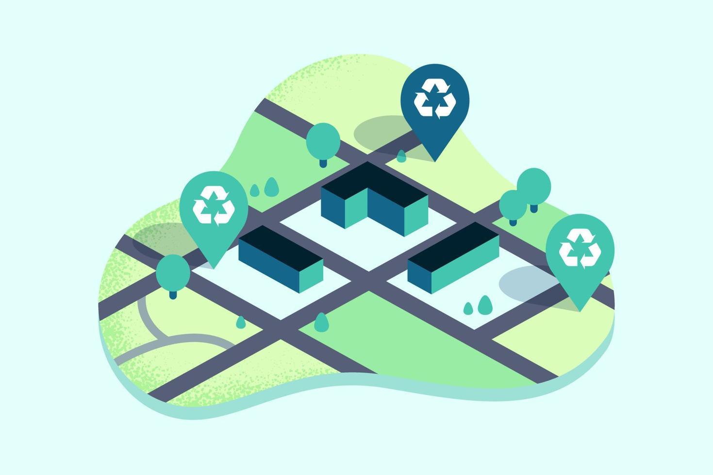 Recycling icon pins located on top of flat urban background, showing waste sorting location around the block. vector