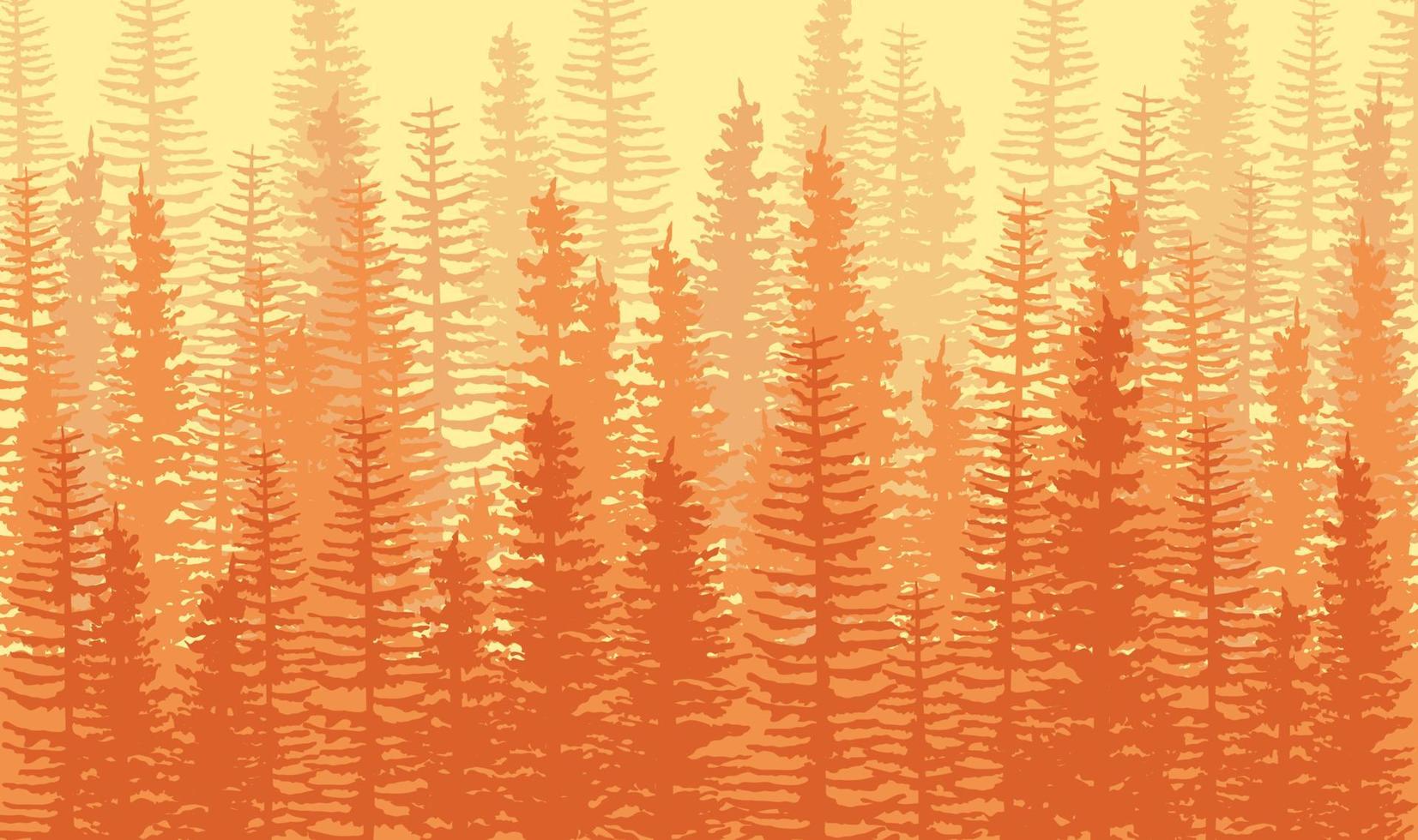 bosque de pinos de niebla naranja, diseño plano horizontal sin costuras en tonos de naranja y amarillo. fondo degradado de siluetas de árboles. vector