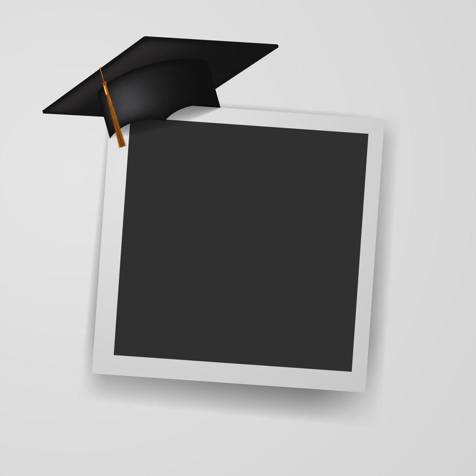 Happy graduation with photo frame template and graduation cap illustration vector