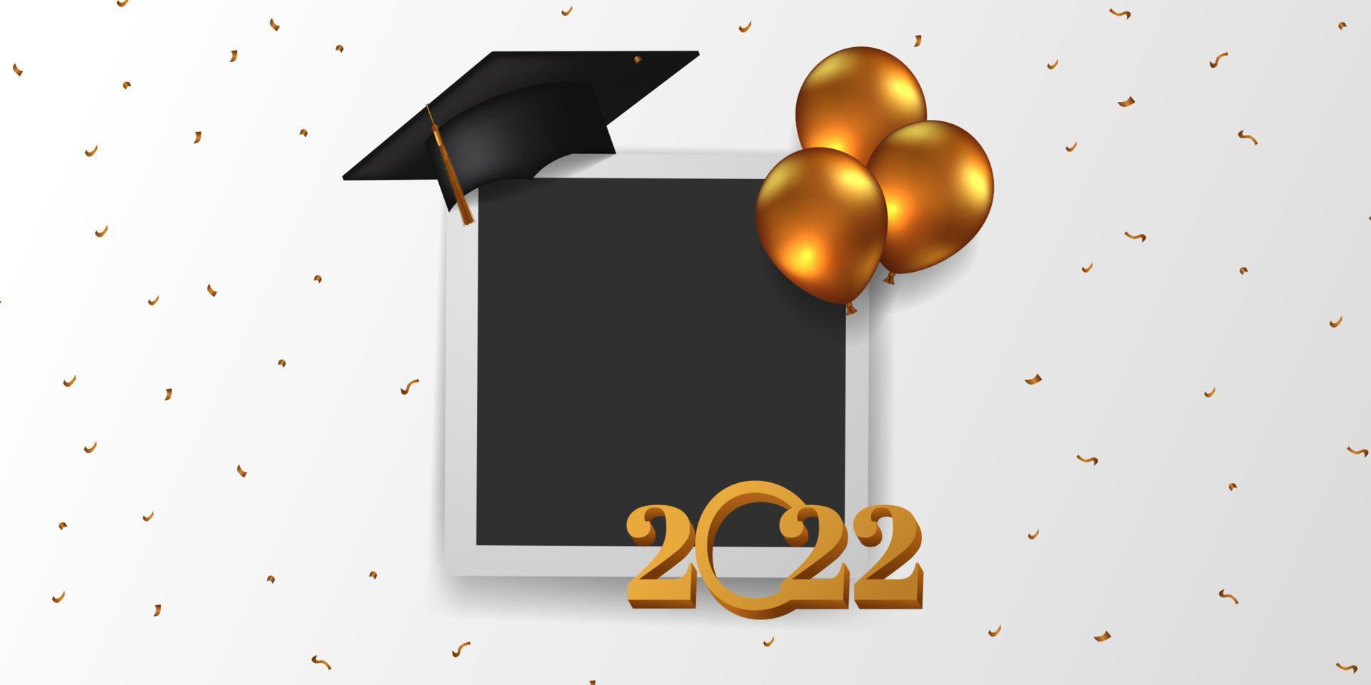 graduación de felicitación de la clase de 2022 con globo dorado con plantilla de banner de marco de foto vector