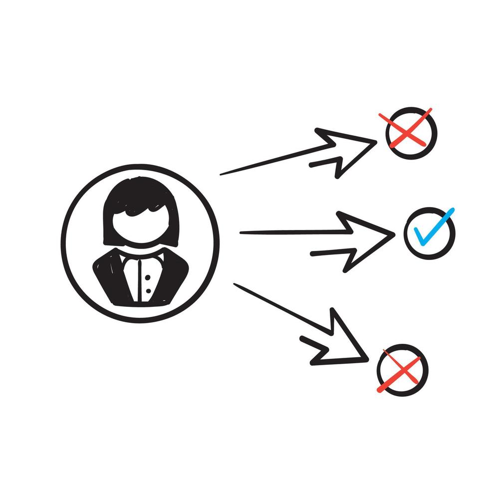 personas de doodle dibujadas a mano con el símbolo de elección de ruta de flecha para la elección correcta en el icono relacionado con la decisión empresarial vector