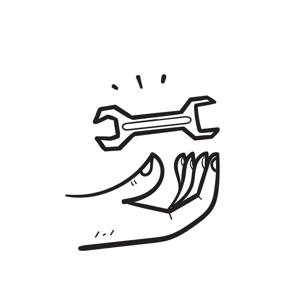 hand drawn doodle hand holding wrench illustration vector