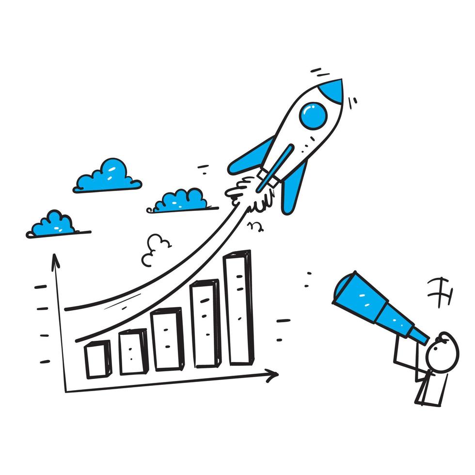 hand drawn doodle people watching through binoculars exponential graph from flying rocket illustration vector