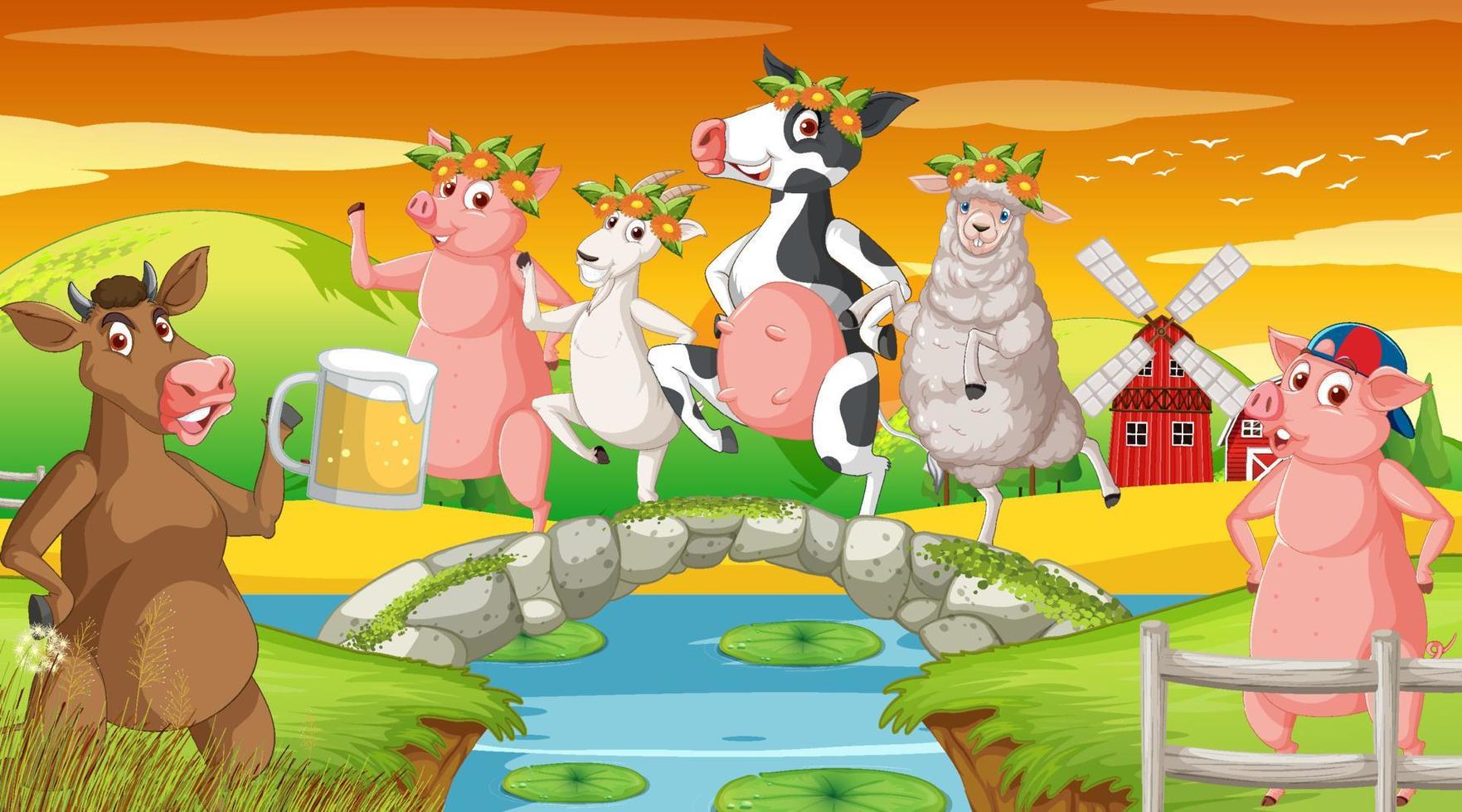 Farm background with happy animals vector