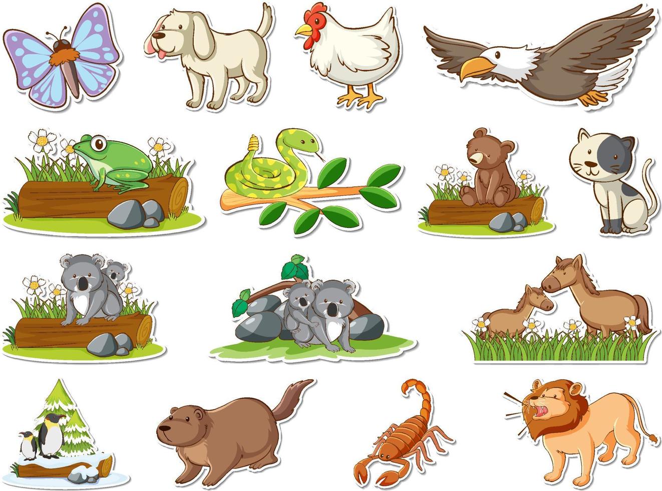 Sticker set of wild animals cartoon vector