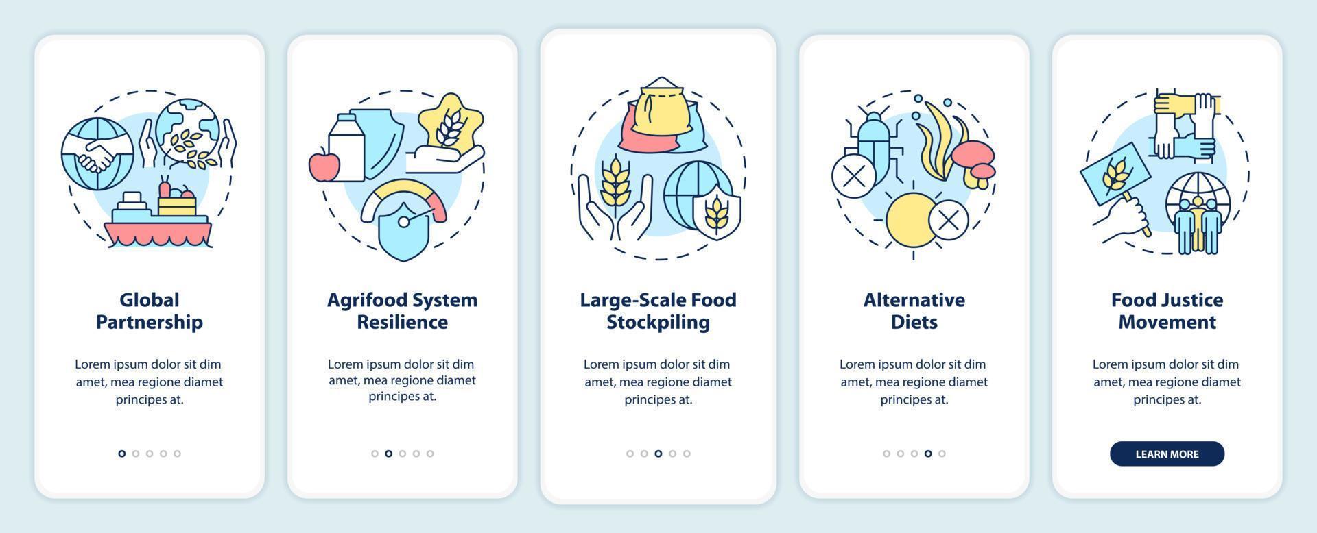 Food security approaches onboarding mobile app screen. Walkthrough 5 steps graphic instructions pages with linear concepts. UI, UX, GUI template. vector