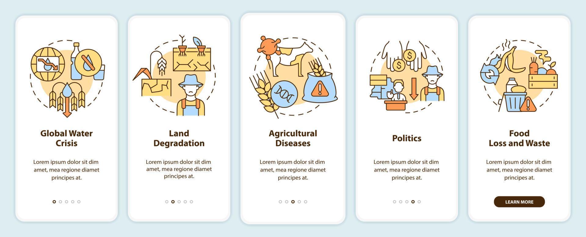 Challenges to achieving food security onboarding mobile app screen. Walkthrough 5 steps graphic instructions pages with linear concepts. UI, UX, GUI template. vector