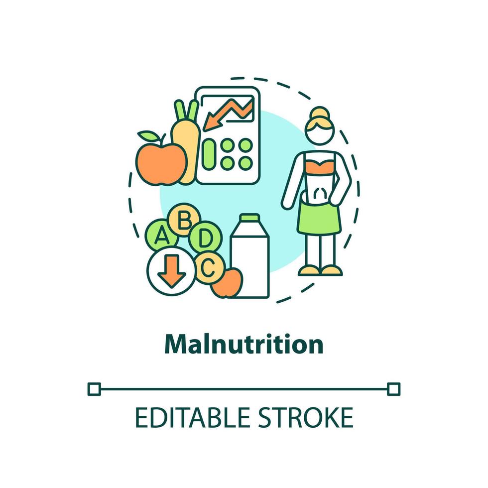 Malnutrition concept icon. Undernutrition. Food security basic definitions abstract idea thin line illustration. Isolated outline drawing. Editable stroke. vector