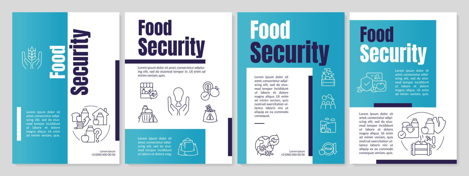 plantilla de folleto azul de seguridad alimentaria. alimentos accesibles y asequibles. diseño de folletos con iconos lineales. 4 diseños vectoriales para presentación, informes anuales. vector