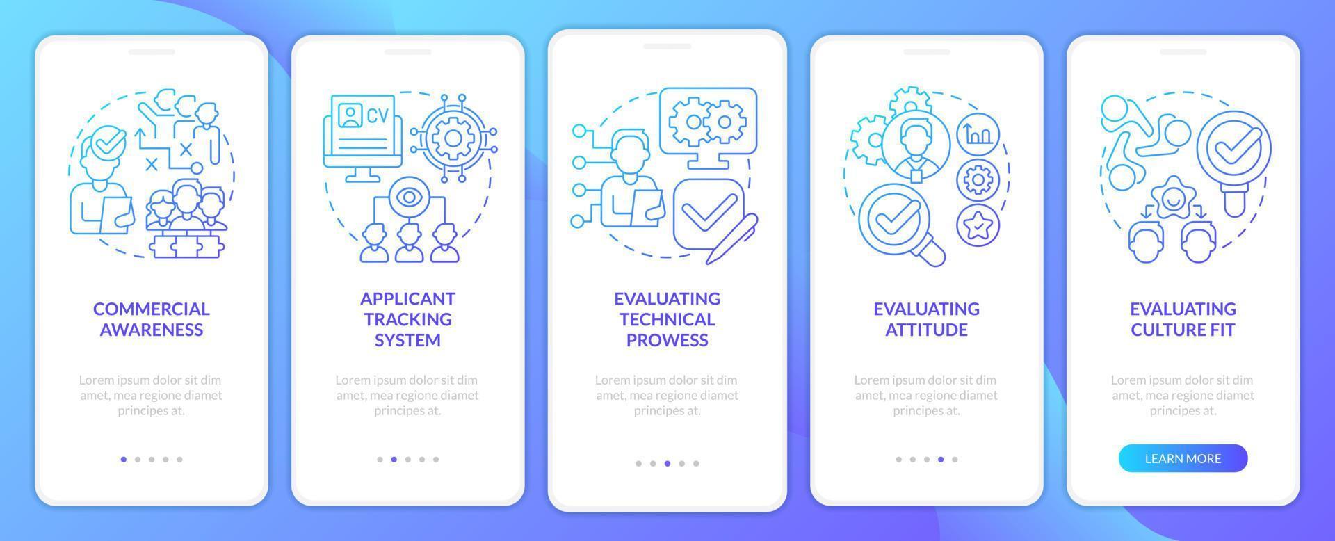 HR skills for business blue gradient onboarding mobile app screen. Walkthrough 5 steps graphic instructions pages with linear concepts. UI, UX, GUI template. vector
