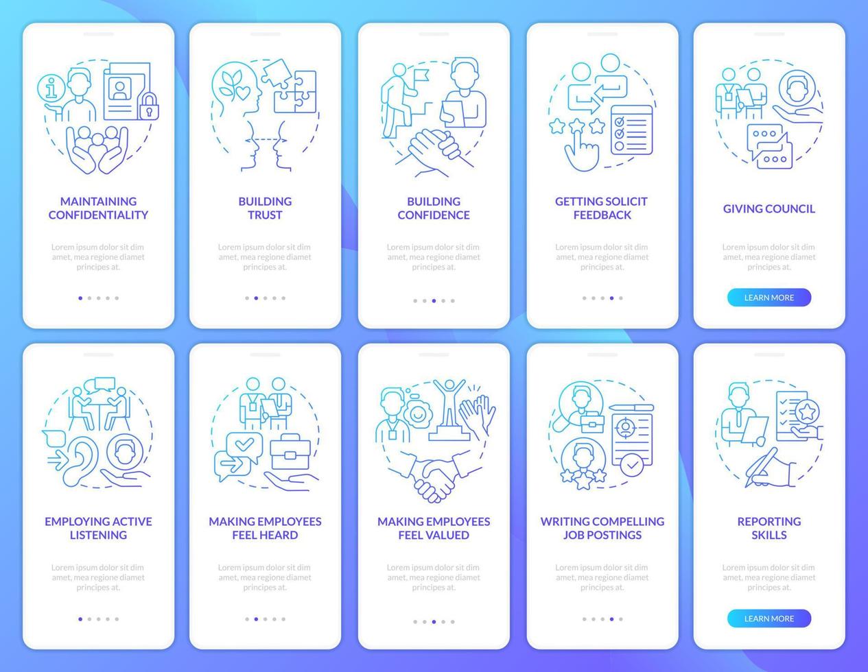 conjunto de pantalla de la aplicación móvil de incorporación de degradado azul de habilidades de recursos humanos. tutorial de empleo 5 pasos páginas de instrucciones gráficas con conceptos lineales. interfaz de usuario, ux, plantilla de interfaz gráfica de usuario. vector