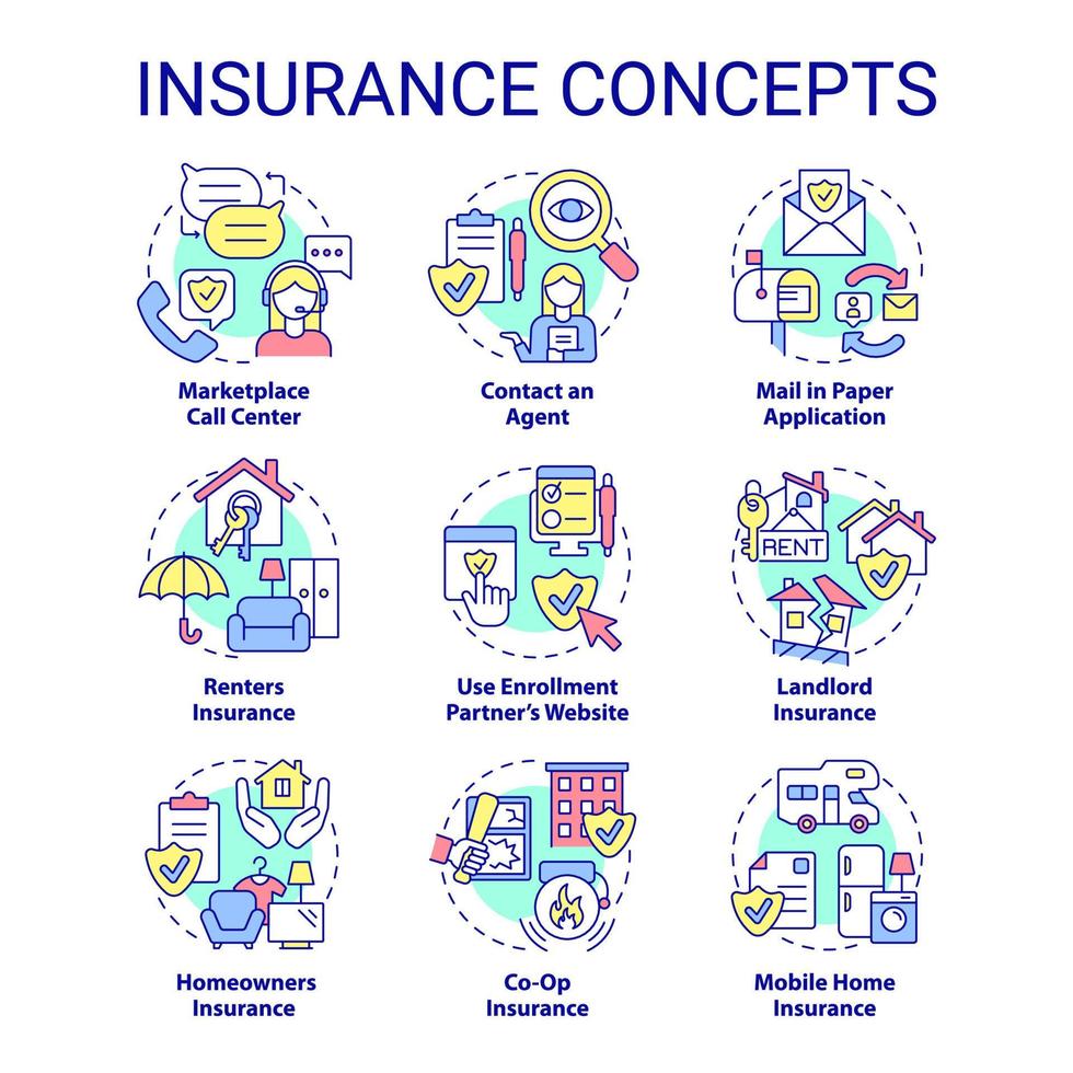 conjunto de iconos de concepto de seguro. política de protección financiera. servicio de seguridad para los clientes idea ilustraciones en color de línea delgada. símbolos aislados. trazo editable. vector