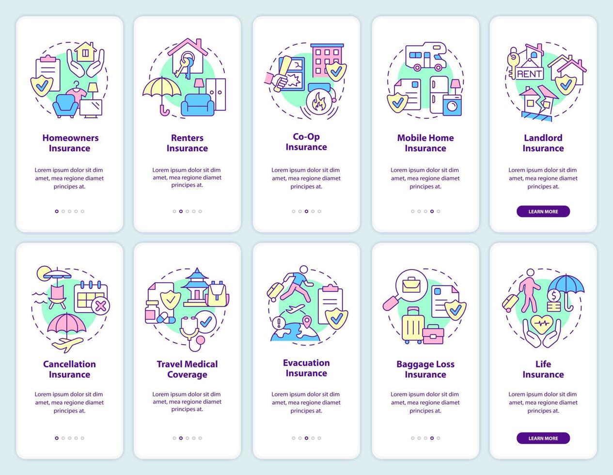 Insurance onboarding mobile app screen set. Financial coverage walkthrough 5 steps graphic instructions pages with linear concepts. UI, UX, GUI template. vector