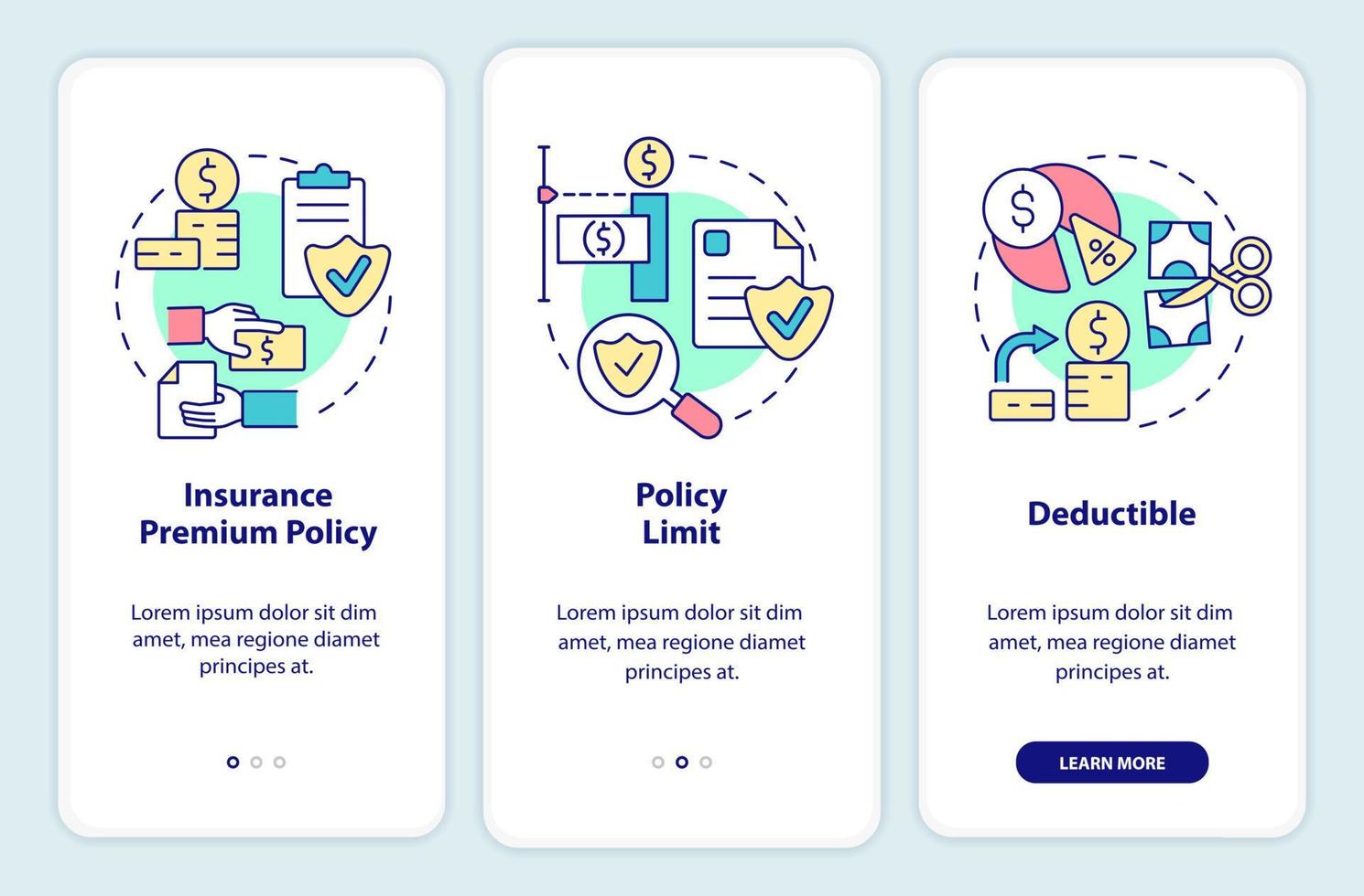 componentes de seguros que incorporan la pantalla de la aplicación móvil. tutorial de protección financiera páginas de instrucciones gráficas de 3 pasos con conceptos lineales. interfaz de usuario, ux, plantilla de interfaz gráfica de usuario. vector