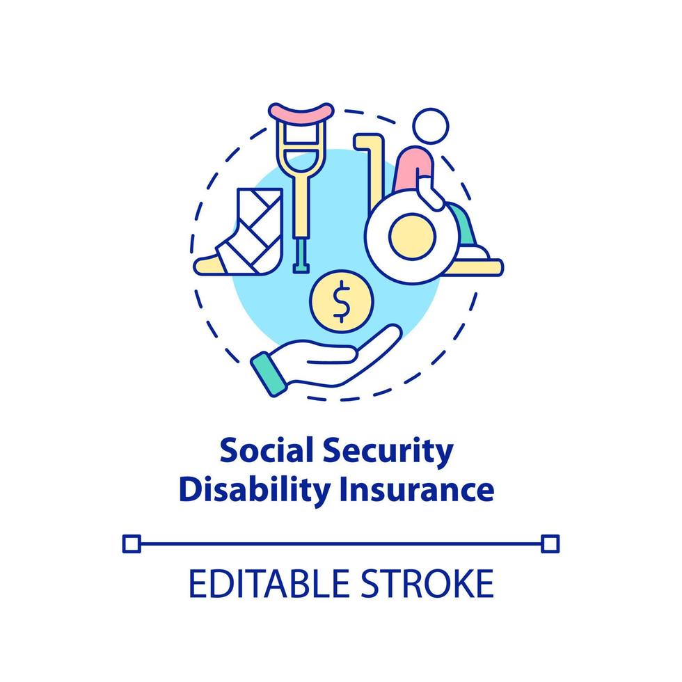Social security disability insurance concept icon. Federal coverage includes abstract idea thin line illustration. Isolated outline drawing. Editable stroke. vector