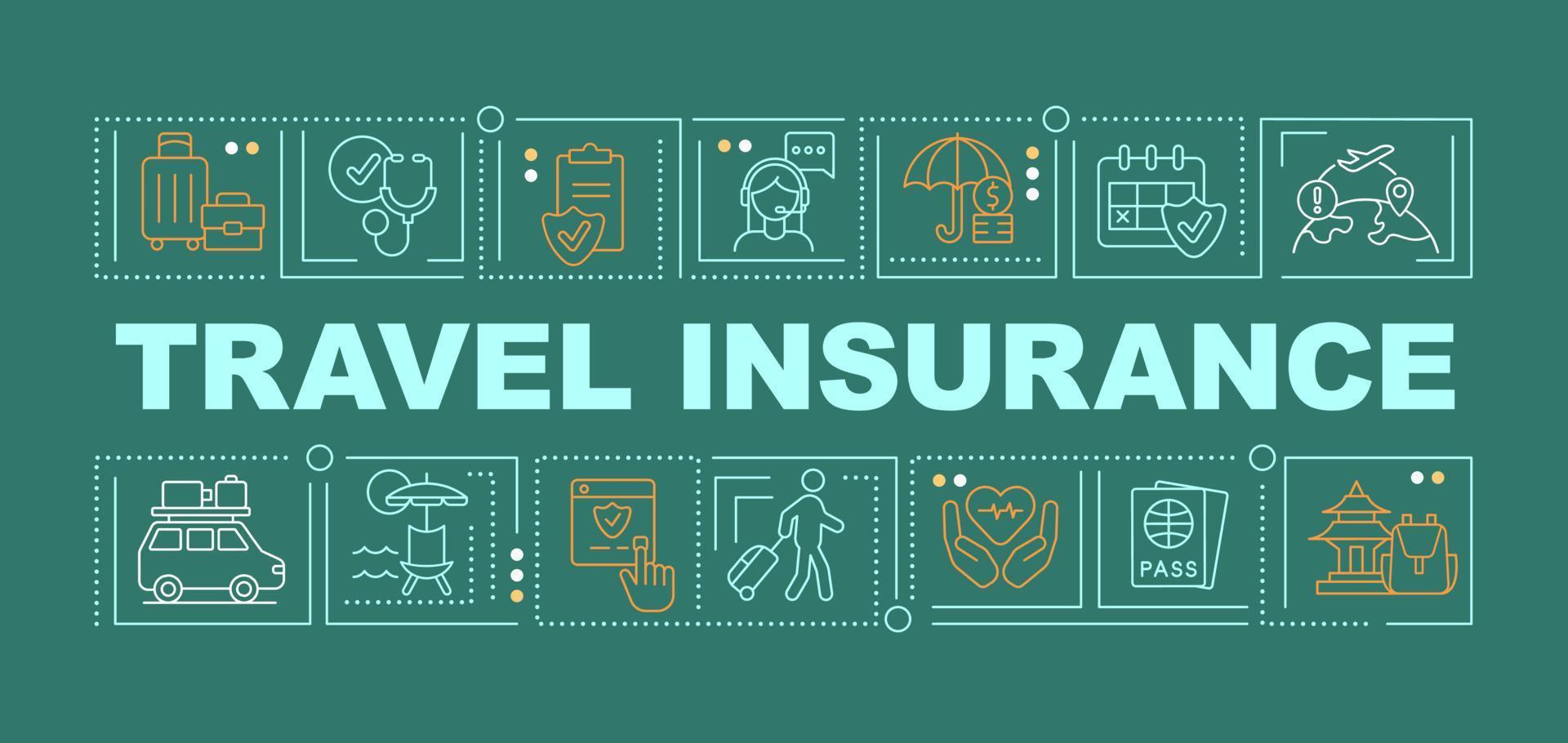 Travel insurance word concepts green banner. Safe trip. Tourist support. Infographics with icons on color background. Isolated typography. Vector illustration with text.