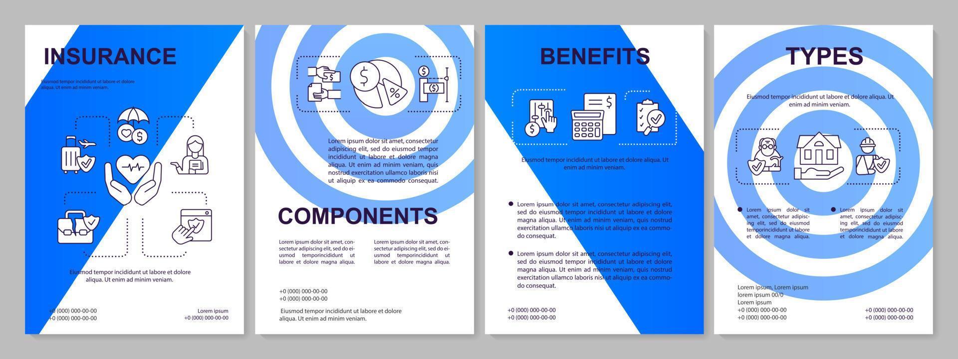 plantilla de folleto azul de protección de seguros. cobertura de accidentes de vida. diseño de folletos con iconos lineales. 4 diseños vectoriales para presentación, informes anuales. vector