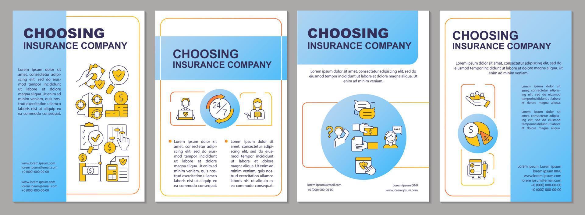 Insurance company finding blue brochure template. Cover seeking. Leaflet design with linear icons. 4 vector layouts for presentation, annual reports.