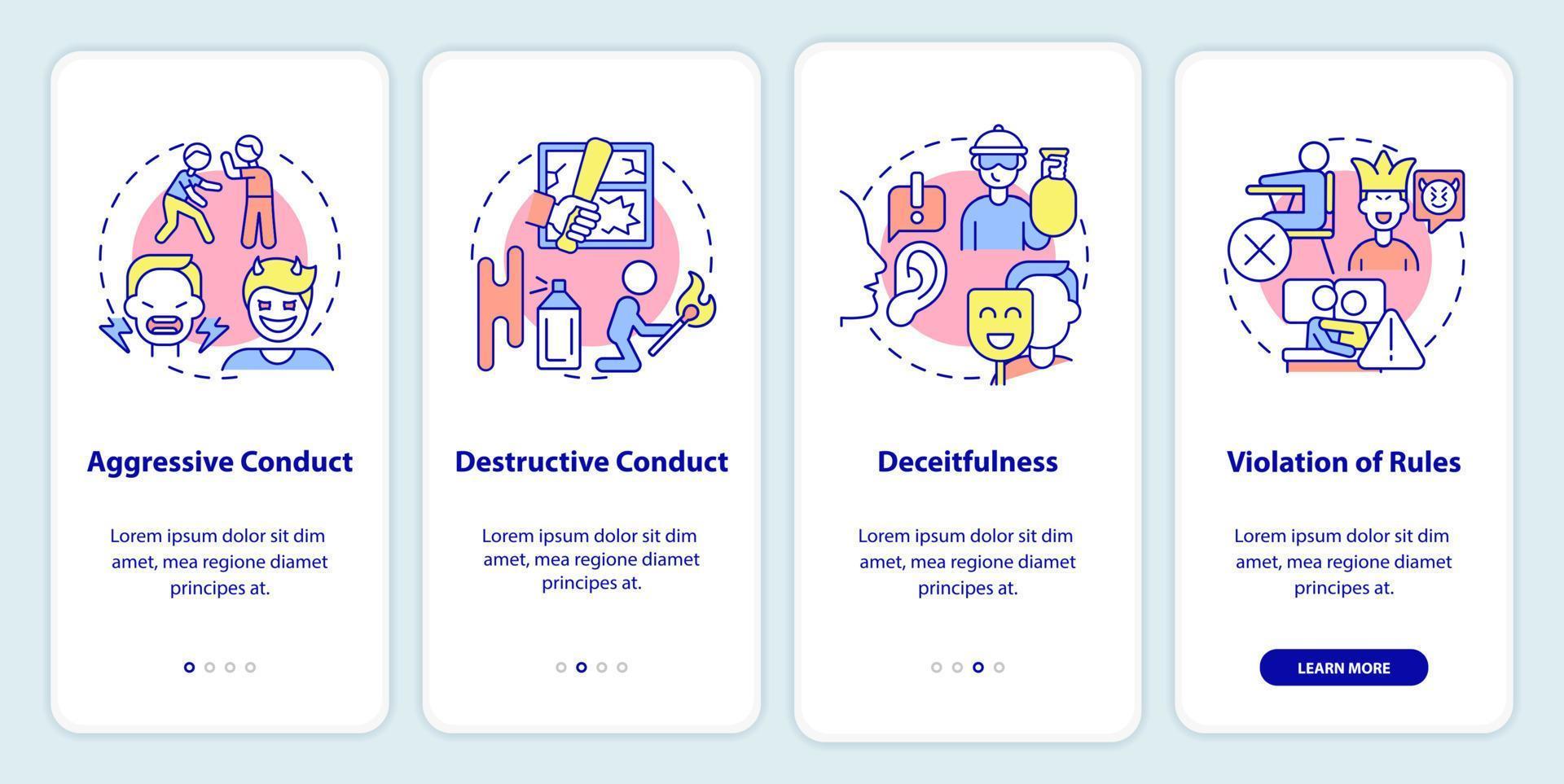 trastornos de conducta grupos de comportamiento incorporando la pantalla de la aplicación móvil. tutorial 4 pasos páginas de instrucciones gráficas con conceptos lineales. interfaz de usuario, ux, plantilla de interfaz gráfica de usuario. vector